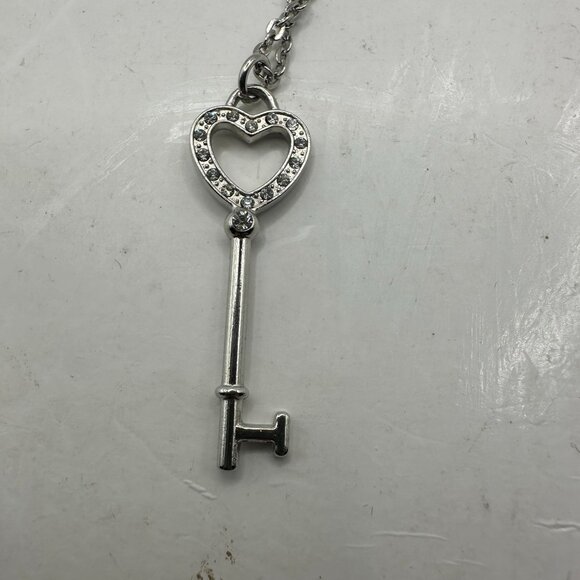 Heart Key Pendant Necklace With Rhinestones & Lobster Clasp On Silver-Tone Chain - Picture 4 of 4